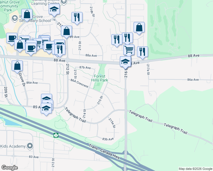 map of restaurants, bars, coffee shops, grocery stores, and more near 215 Street in Langley