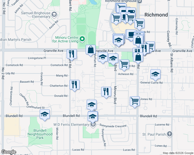 map of restaurants, bars, coffee shops, grocery stores, and more near 7300 Moffatt Road in Richmond