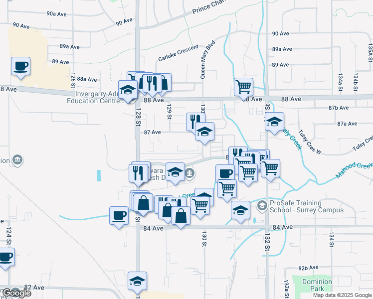 map of restaurants, bars, coffee shops, grocery stores, and more near in Surrey