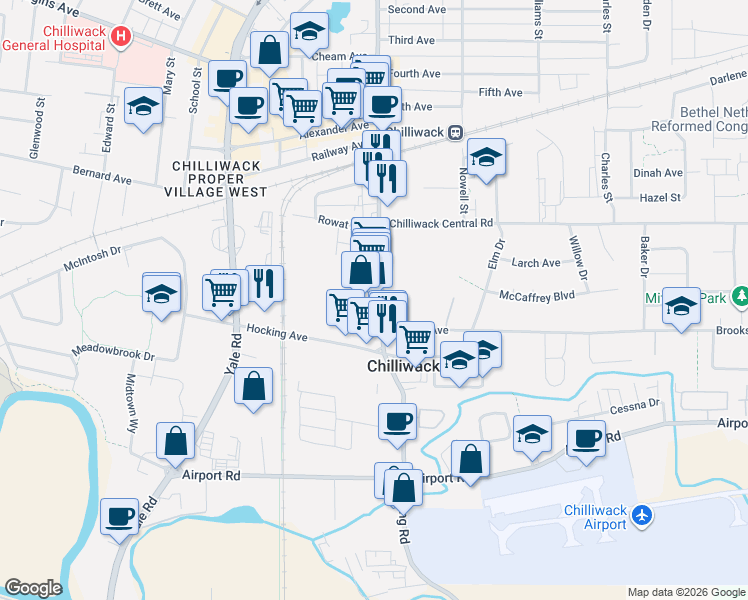 map of restaurants, bars, coffee shops, grocery stores, and more near 8635 Young Road in Chilliwack