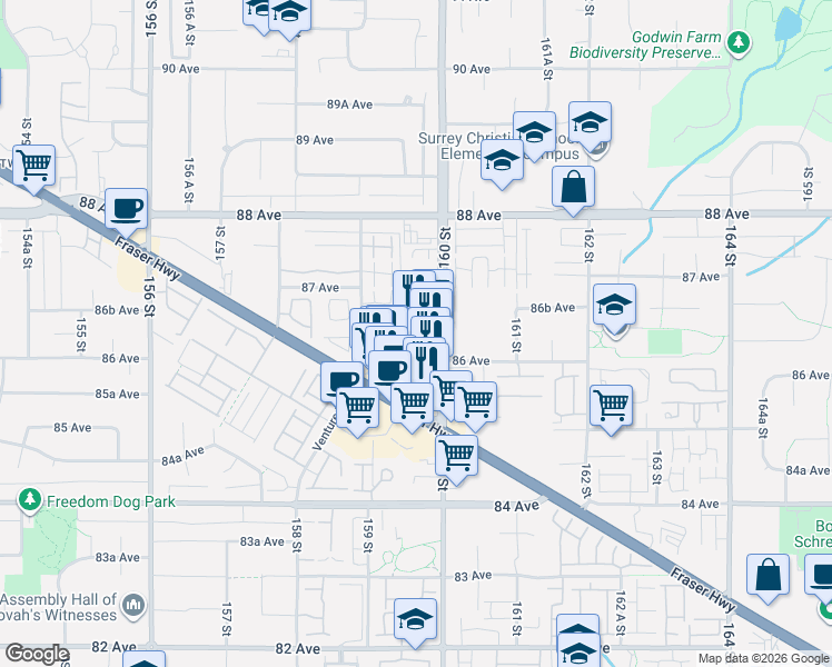 map of restaurants, bars, coffee shops, grocery stores, and more near 15956 86A Avenue in Surrey