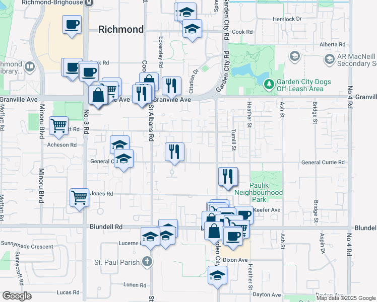 map of restaurants, bars, coffee shops, grocery stores, and more near 8651 General Currie Road in Richmond