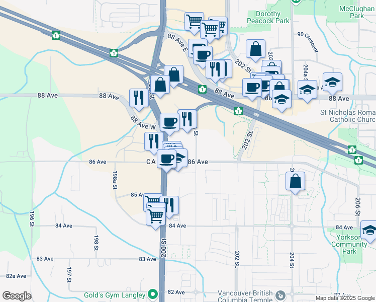 map of restaurants, bars, coffee shops, grocery stores, and more near in Langley Township