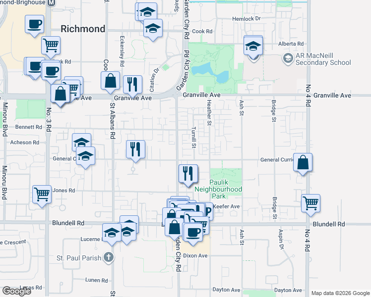 map of restaurants, bars, coffee shops, grocery stores, and more near 7393 Turnill Street in Richmond