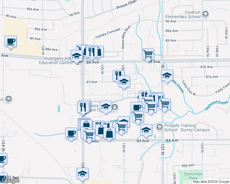 map of restaurants, bars, coffee shops, grocery stores, and more near 8625 130 Street in Surrey