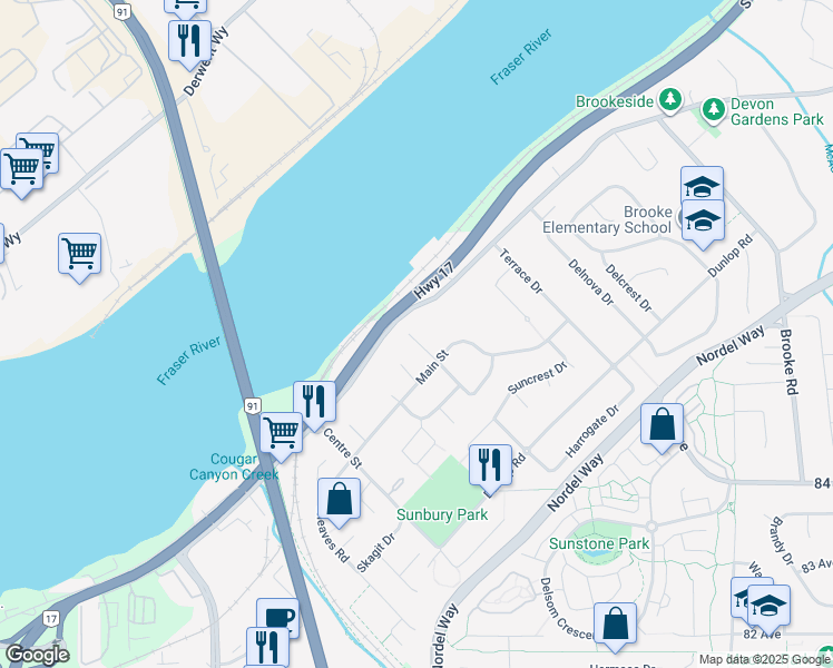 map of restaurants, bars, coffee shops, grocery stores, and more near 8610 Arpe Road in Delta