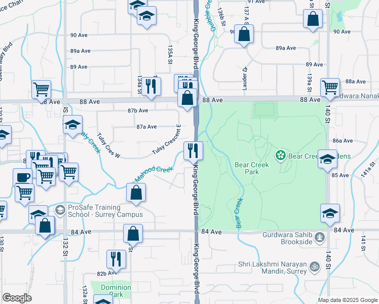 map of restaurants, bars, coffee shops, grocery stores, and more near 8655 King George Boulevard in Surrey