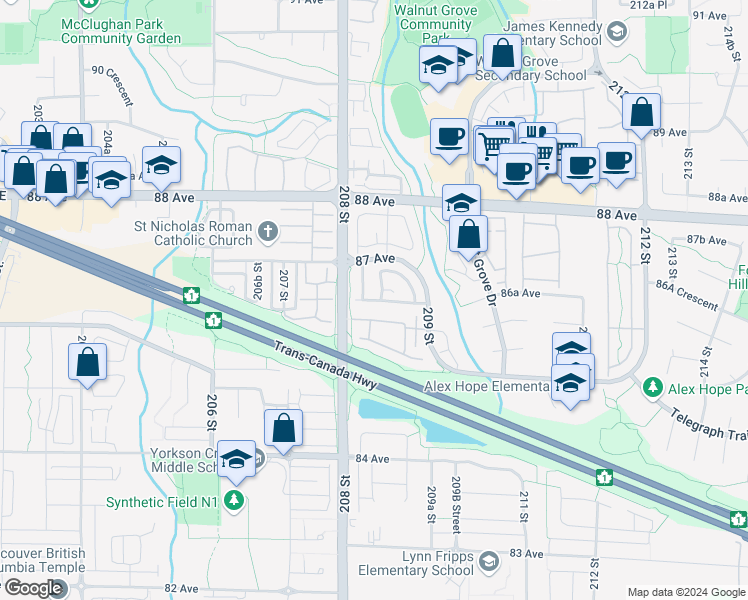 map of restaurants, bars, coffee shops, grocery stores, and more near 46 87 Avenue in Langley