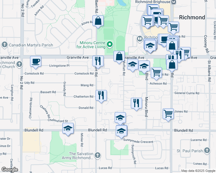 map of restaurants, bars, coffee shops, grocery stores, and more near 7295 Moffatt Road in Richmond