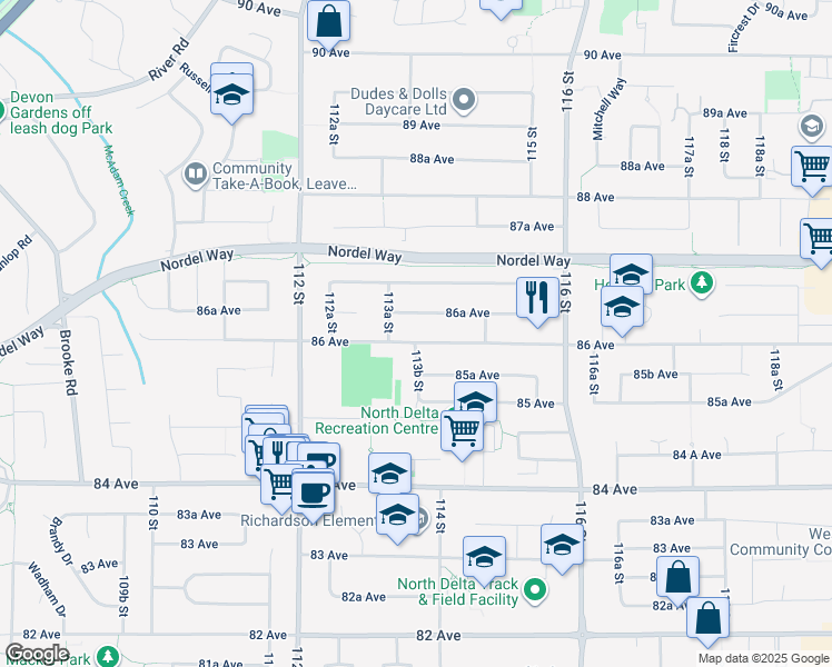 map of restaurants, bars, coffee shops, grocery stores, and more near 11365 86 Avenue in Delta