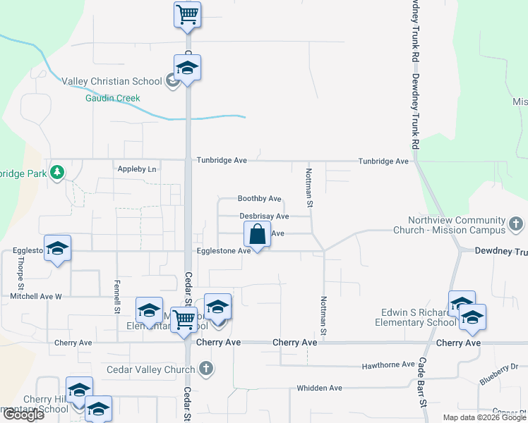 map of restaurants, bars, coffee shops, grocery stores, and more near 32971 Desbrisay Avenue in Mission