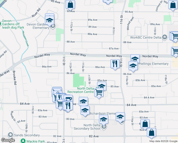 map of restaurants, bars, coffee shops, grocery stores, and more near 11365 86 Avenue in Delta