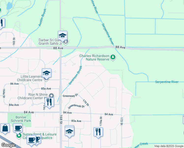 map of restaurants, bars, coffee shops, grocery stores, and more near 8593 171 Street in Surrey