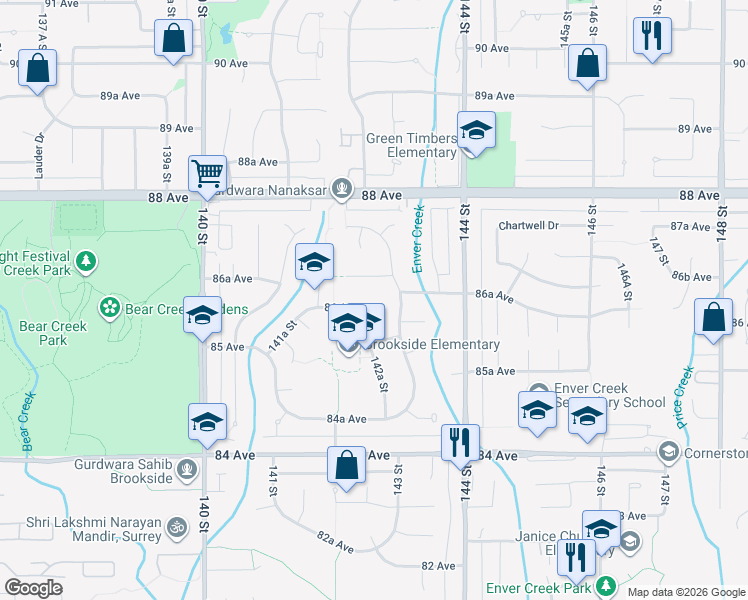 map of restaurants, bars, coffee shops, grocery stores, and more near 8592 142A Street in Surrey