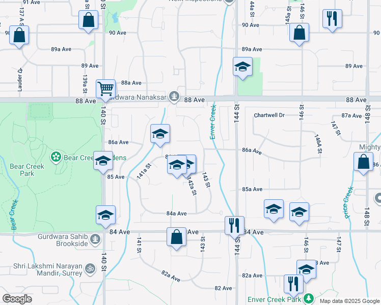 map of restaurants, bars, coffee shops, grocery stores, and more near 14247 86 Avenue in Surrey