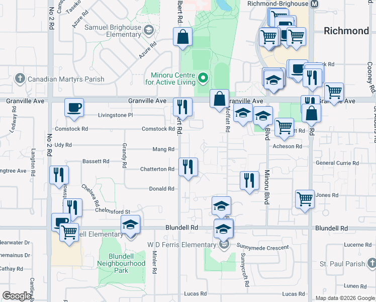map of restaurants, bars, coffee shops, grocery stores, and more near 7300 Gilbert Road in Richmond