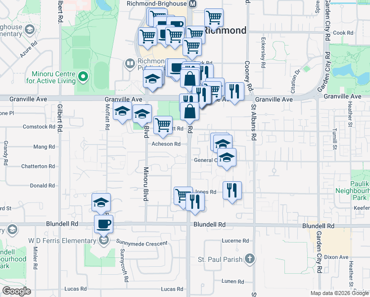 map of restaurants, bars, coffee shops, grocery stores, and more near 7780 Acheson Road in Richmond