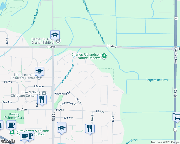 map of restaurants, bars, coffee shops, grocery stores, and more near 17105 Greenway Drive in Surrey
