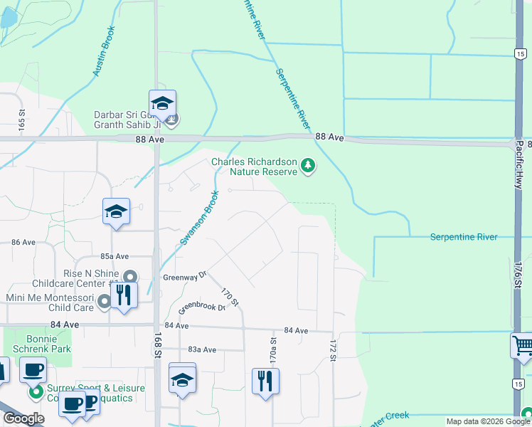 map of restaurants, bars, coffee shops, grocery stores, and more near 17105 Greenway Drive in Surrey