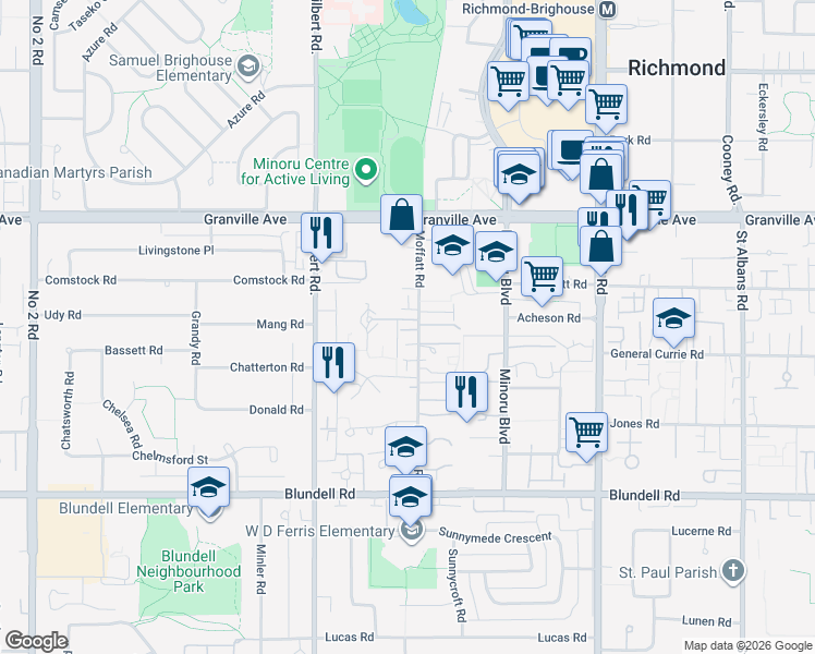 map of restaurants, bars, coffee shops, grocery stores, and more near 7311 Moffatt Road in Richmond
