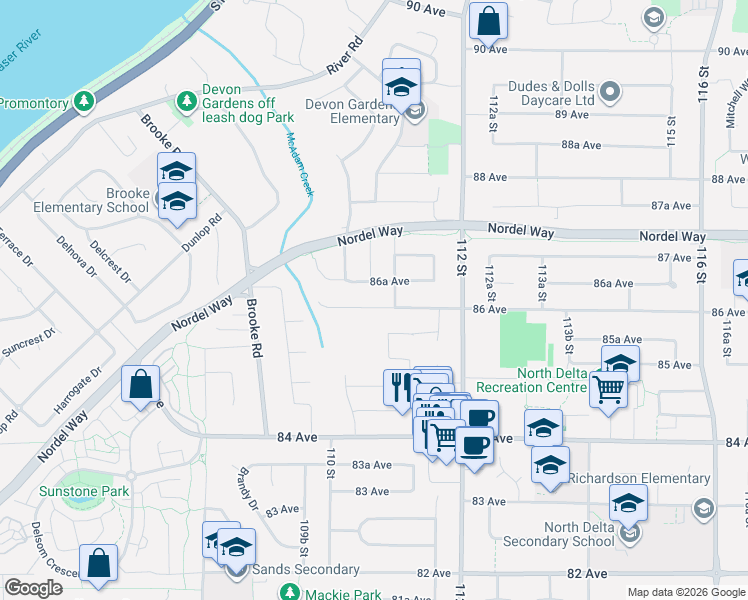 map of restaurants, bars, coffee shops, grocery stores, and more near 11065 86 Avenue in Delta