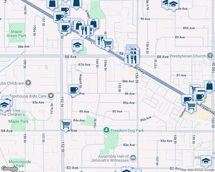 map of restaurants, bars, coffee shops, grocery stores, and more near 8648 154A Street in Surrey