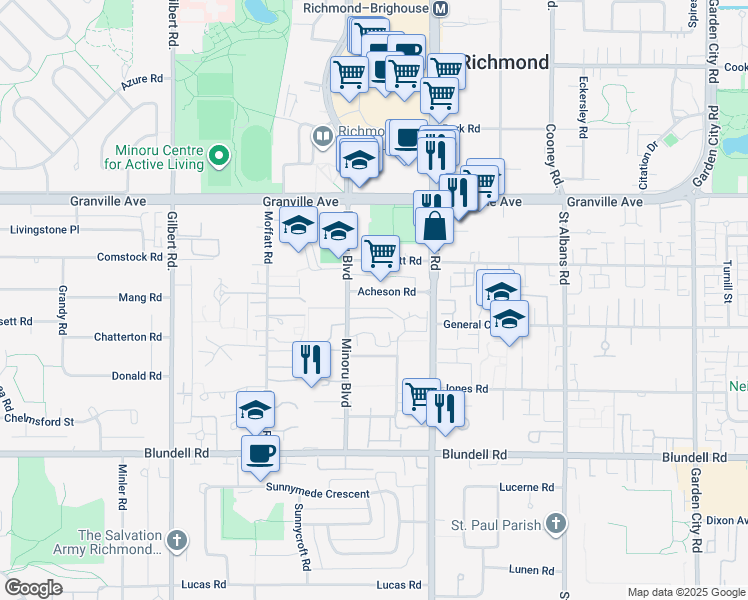 map of restaurants, bars, coffee shops, grocery stores, and more near 7600 Acheson Road in Richmond