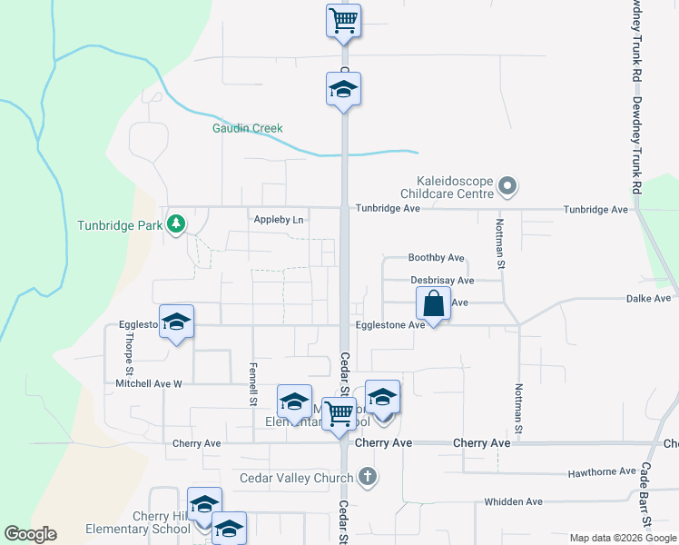 map of restaurants, bars, coffee shops, grocery stores, and more near 8689 Cedar Street in Mission