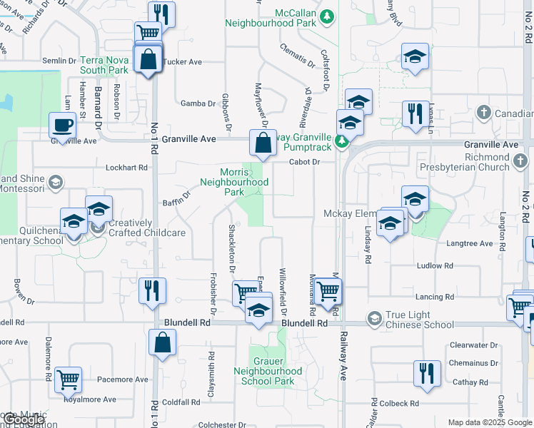 map of restaurants, bars, coffee shops, grocery stores, and more near 7291 Parry Street in Richmond