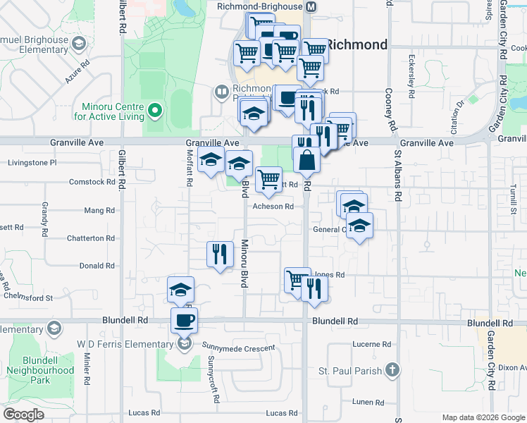 map of restaurants, bars, coffee shops, grocery stores, and more near 7600 Acheson Road in Richmond