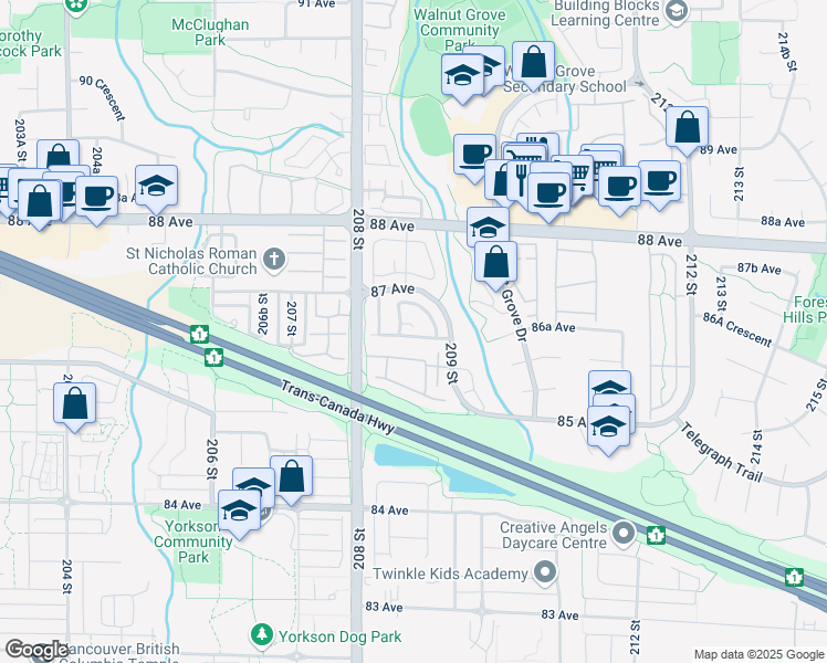 map of restaurants, bars, coffee shops, grocery stores, and more near 39 87 Avenue in Langley City