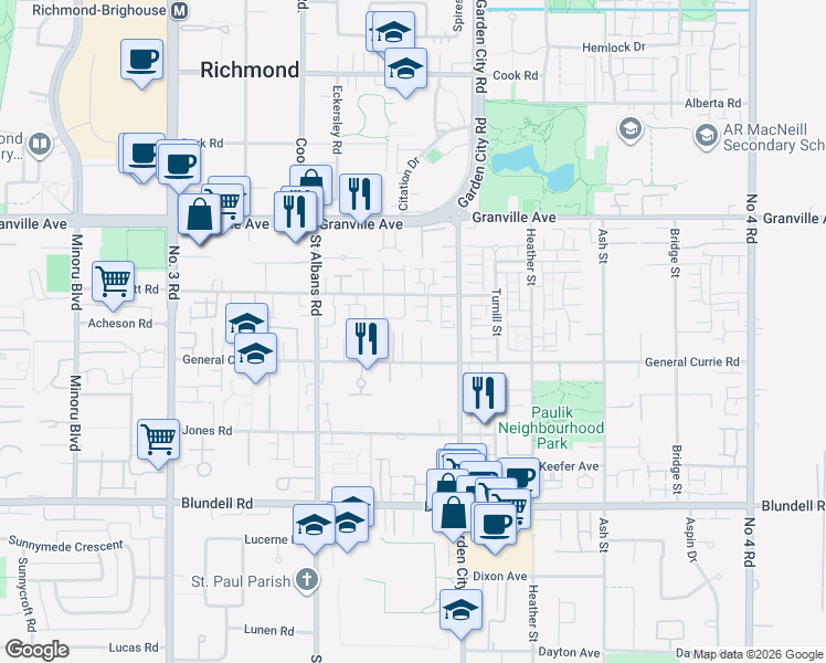 map of restaurants, bars, coffee shops, grocery stores, and more near in Richmond