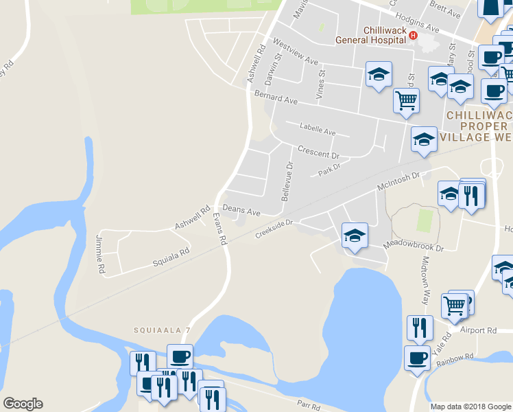 map of restaurants, bars, coffee shops, grocery stores, and more near 45243 Deans Avenue in Chilliwack