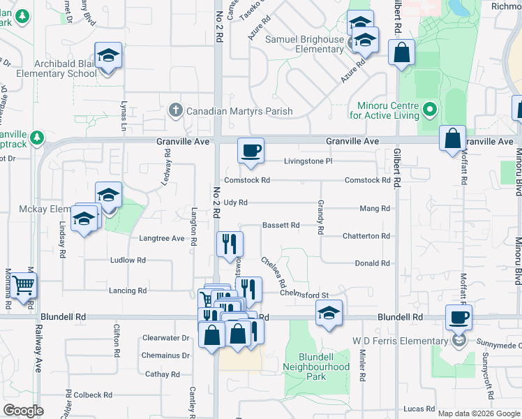 map of restaurants, bars, coffee shops, grocery stores, and more near 6220 Udy Road in Richmond