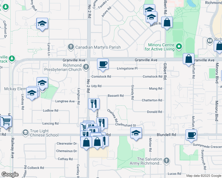 map of restaurants, bars, coffee shops, grocery stores, and more near 6260 Udy Road in Richmond