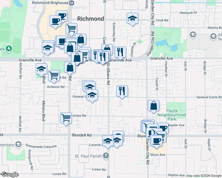 map of restaurants, bars, coffee shops, grocery stores, and more near 7300 Saint Albans Road in Richmond