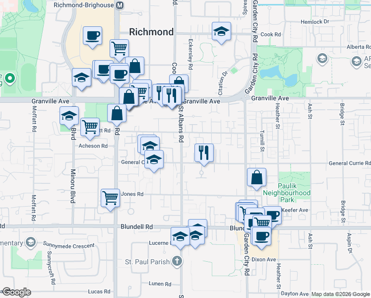 map of restaurants, bars, coffee shops, grocery stores, and more near 7300 Saint Albans Road in Richmond