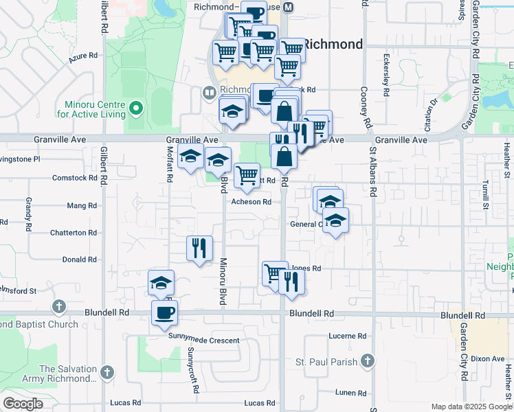 map of restaurants, bars, coffee shops, grocery stores, and more near 7680 Acheson Road in Richmond