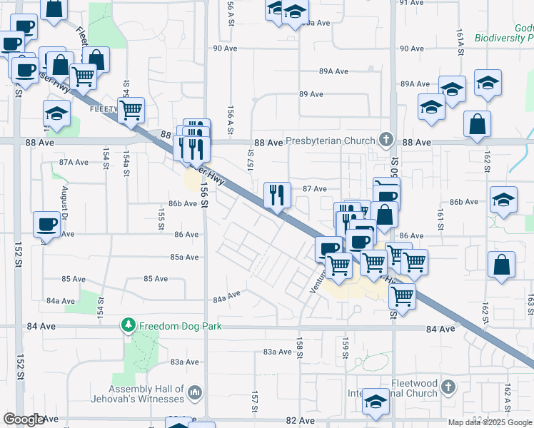 map of restaurants, bars, coffee shops, grocery stores, and more near 15776 Fraser Highway in Surrey