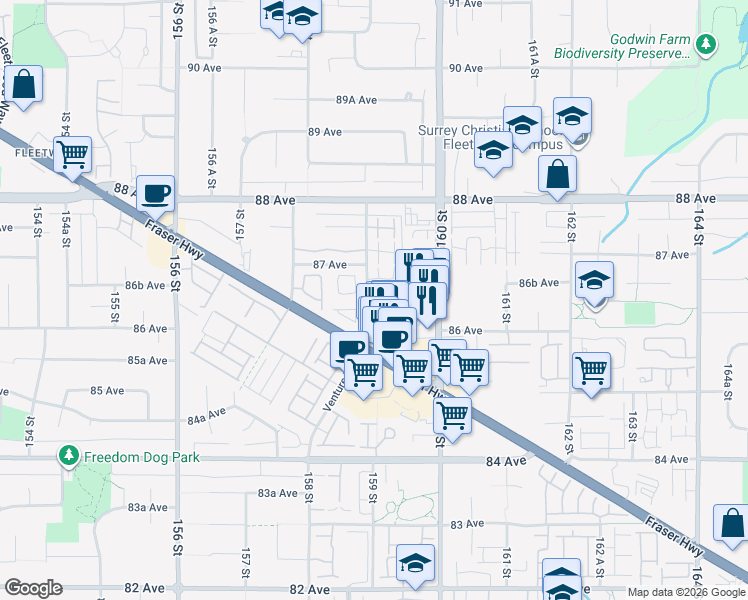 map of restaurants, bars, coffee shops, grocery stores, and more near 8638 159 Street in Surrey