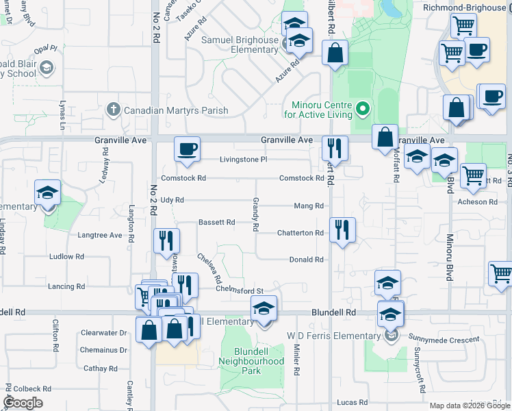 map of restaurants, bars, coffee shops, grocery stores, and more near Mang Road in Richmond