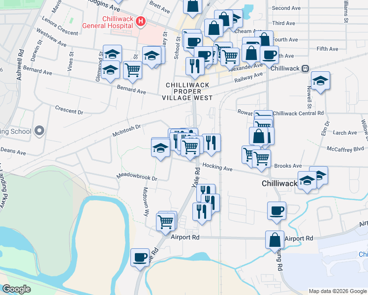 map of restaurants, bars, coffee shops, grocery stores, and more near 45669 McIntosh Drive in Chilliwack