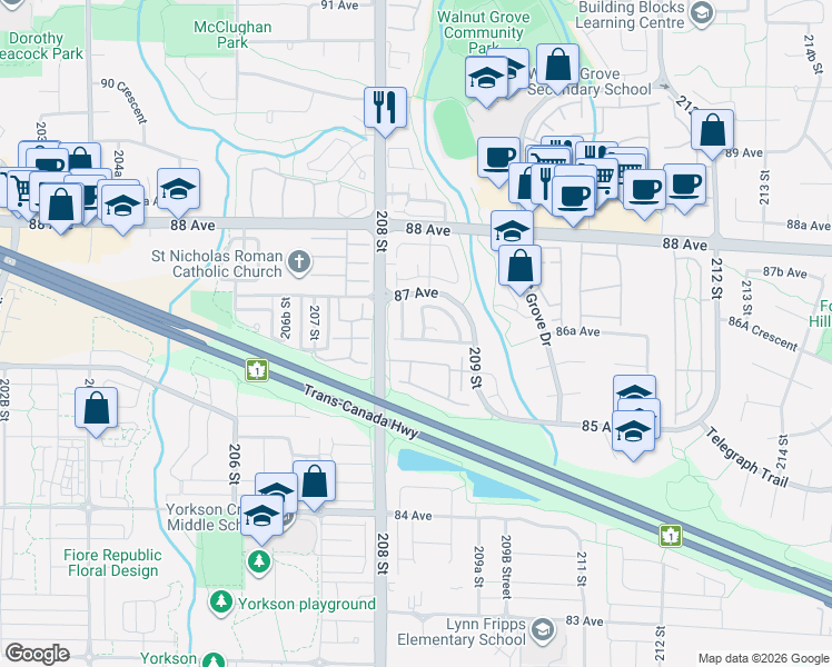 map of restaurants, bars, coffee shops, grocery stores, and more near 80 209 Street in Langley