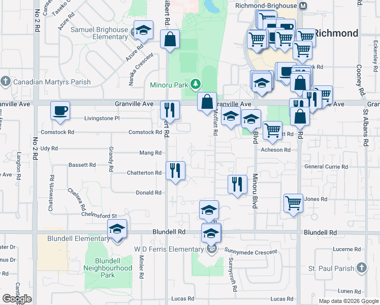 map of restaurants, bars, coffee shops, grocery stores, and more near 7295 Moffatt Road in Richmond