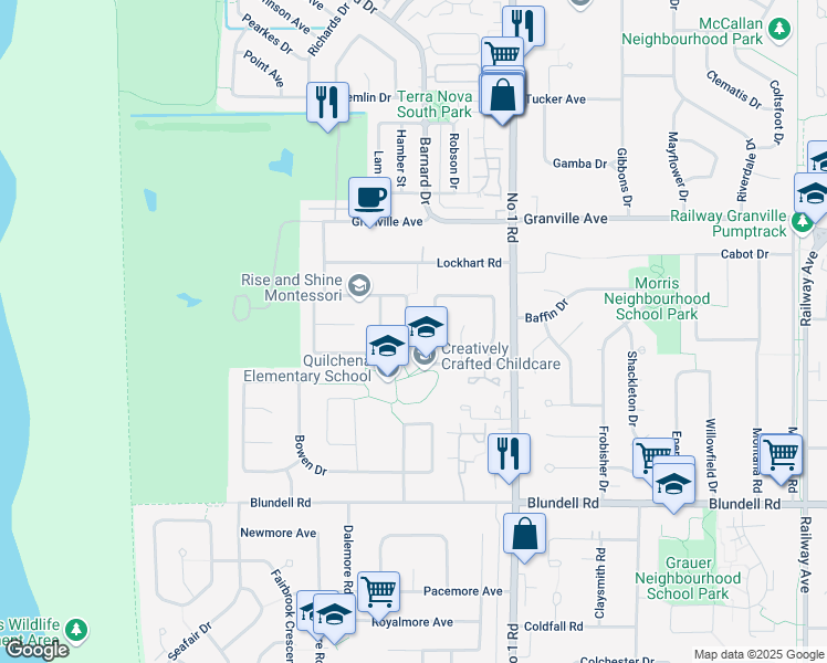 map of restaurants, bars, coffee shops, grocery stores, and more near 3671 Moresby Drive in Richmond