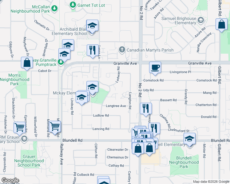 map of restaurants, bars, coffee shops, grocery stores, and more near 7300 Ledway Road in Richmond