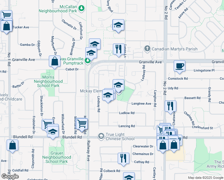 map of restaurants, bars, coffee shops, grocery stores, and more near 7240 Lindsay Road in Richmond