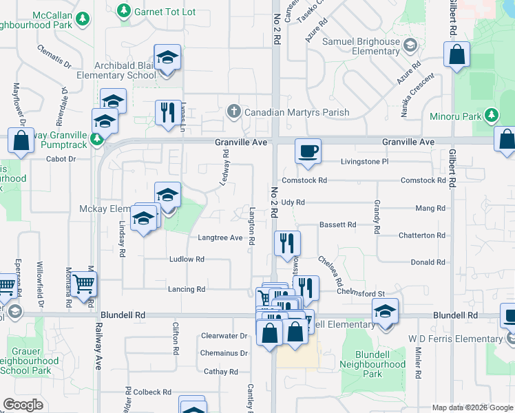 map of restaurants, bars, coffee shops, grocery stores, and more near 7240 Langton Road in Richmond