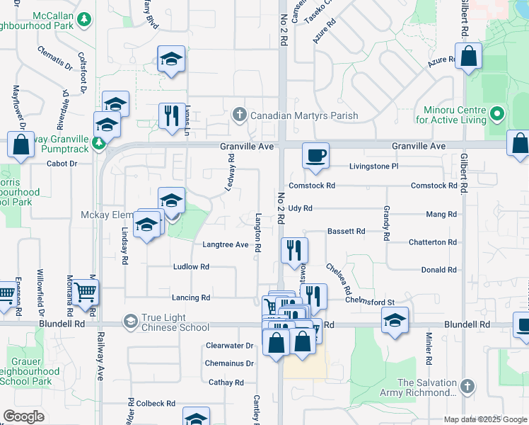 map of restaurants, bars, coffee shops, grocery stores, and more near 7240 Langton Road in Richmond
