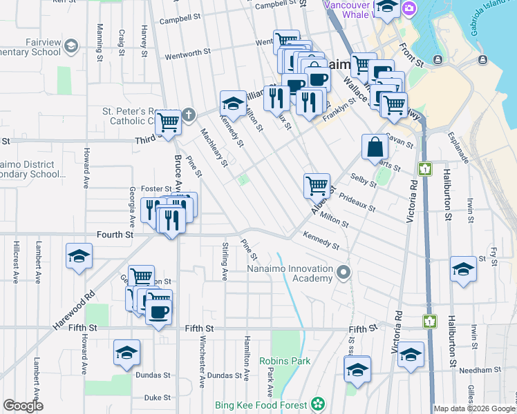 map of restaurants, bars, coffee shops, grocery stores, and more near 476 Machleary Street in Nanaimo